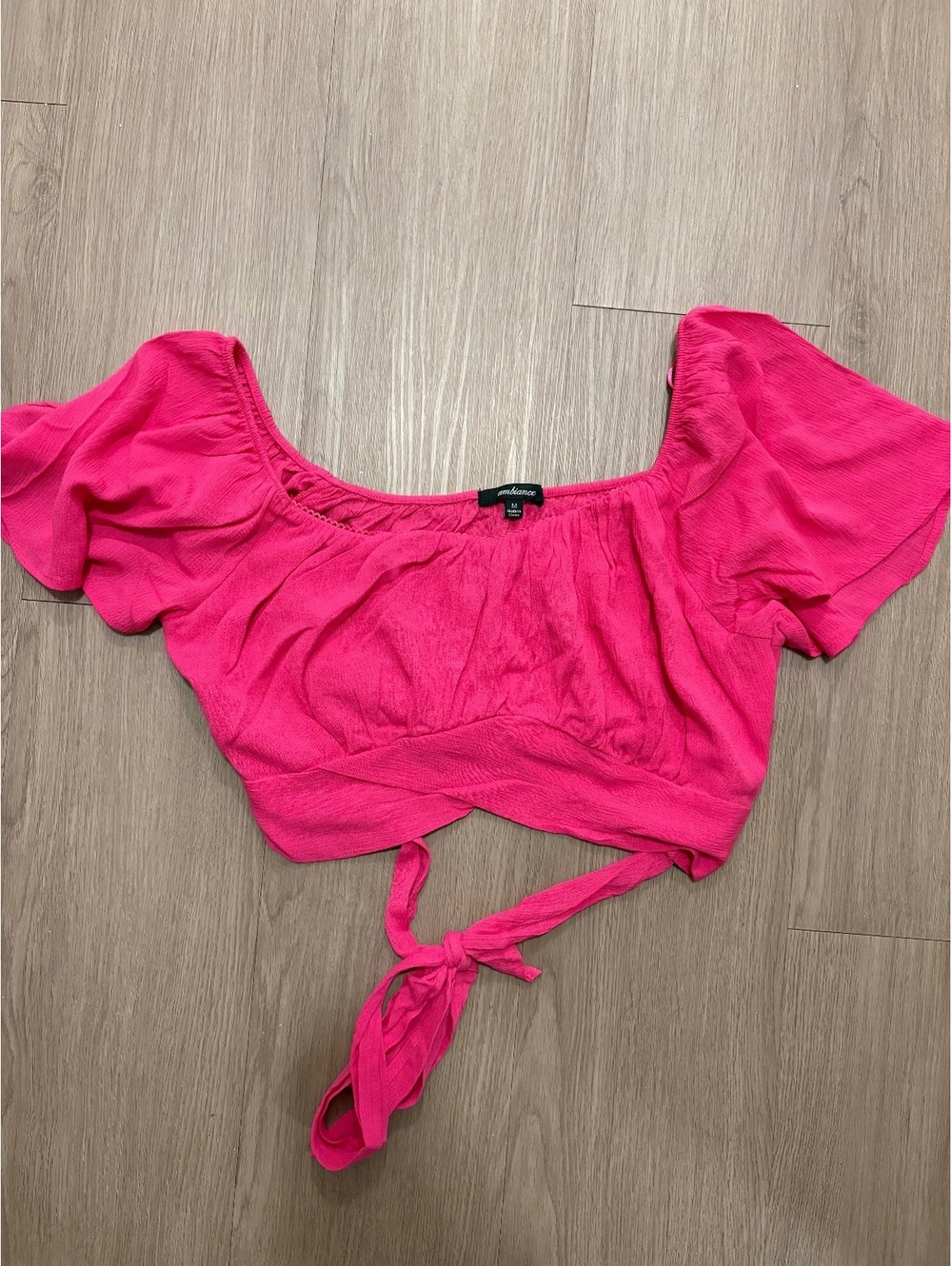 Ambiance Women's Pink Crop Top with Puff Sleeves and Tie Front, Size Small